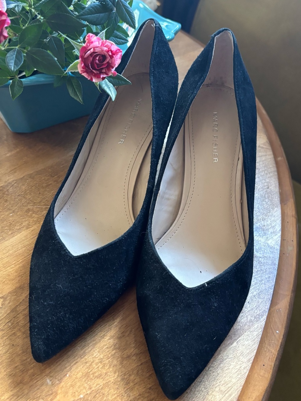 Marc Fisher Black Suede Pointed Toe Wedges